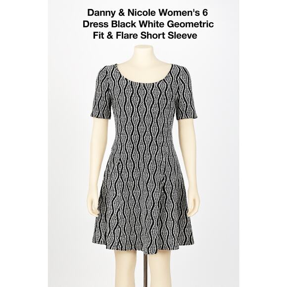 Danny & Nicole Women’s 6 Dress Black White Geometric Fit & Flare Short Sleeve - Picture 1 of 9